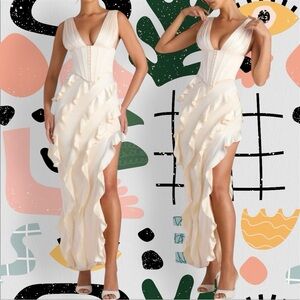 Oh Polly | Ambrosia Ruffle Trim Plunge Neck Corset Maxi Dress with Side Slit